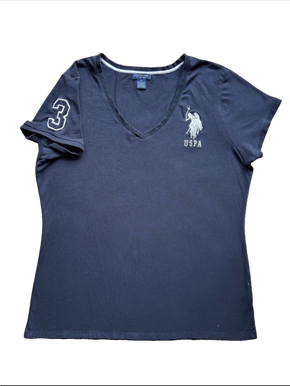 US POLO ASSN Black V Neck Cotton Logo Baby Tee Womens XL Y2K Preppy Layering